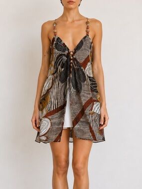 Vintage Y2K Casting Paris French Beaded Strap Abstract Floral Mini Dress Lined S